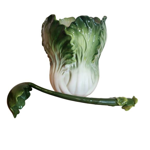 Summit Collection Pottery Lettuce Vase Serving Bowl with Leaf Ladle - Picture 2 of 3